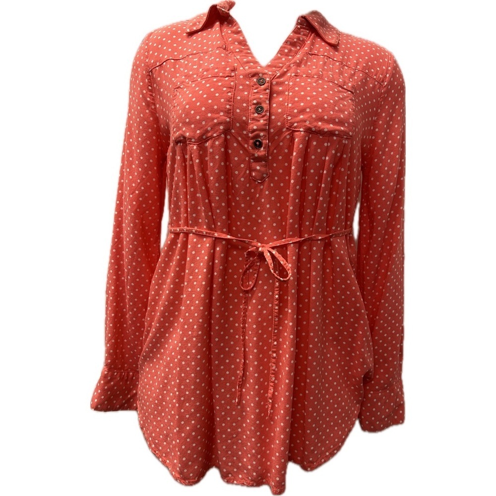 Motherhood Maternity Long Sleeve Button Down White Polka Dot Shirt
